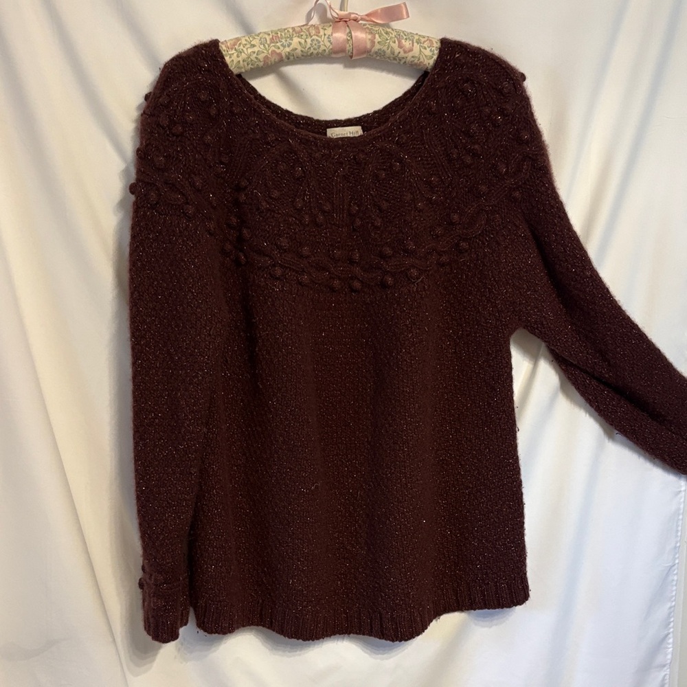 Garnet Hill Deep Burgundy Textured Cashmere Sweater With Metallic Accents SZ L